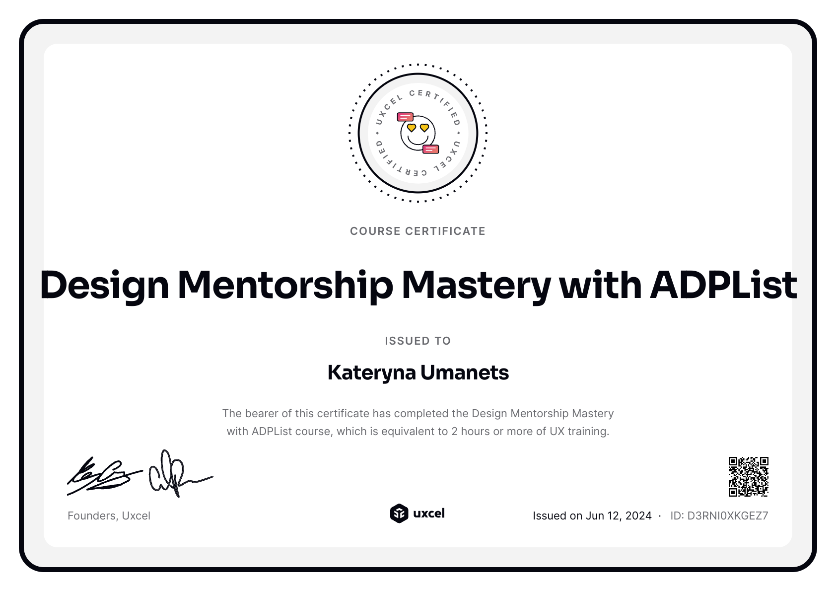 Kateryna Umanets's certificate